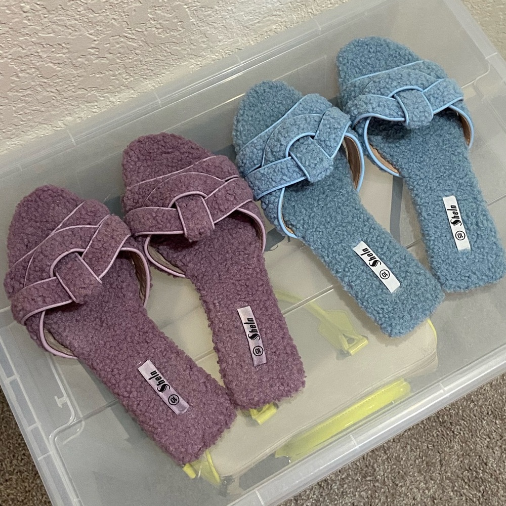 SHEIN Set of 2 pairs Purple and Blue Fuzzy Sandals